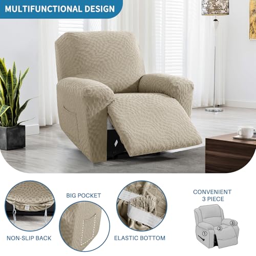 Image of 2026 Stretch Oversized Recliner Cover 3-Piece (36 inch-46 inch) Super Soft XL-Recliner Chair Covers with Big Pocket & Anti Slip Ties Stay in Place, Lazy Boy Reclining Slipcover Durable Washable, Khaki
