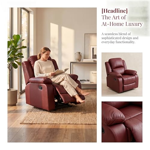 Image of Single Leather Manual Recliner Chair, Oversized Lazy Boy Recliner with Home Theater Seating, Breathable Living Room Reclining Chair for Adults Reading, Gaming, Relax, Red