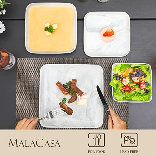 Malacasa Square Dinnerware Sets, 24-Piece Marble Grey Plates And Bowls Sets, Porcelain Dinner Set With Plates, Dishes And Bowls For Dessert, Salad And Pasta, Dish Set For 6, Series Ivy #TOP2