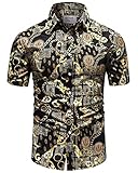 Mens Black Gold Chain Dress Shirts Luxury Baroque Print Casual Short Sleeve Button Down Buchona Silky Shirt L