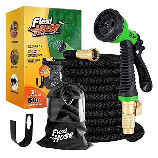 Flexi Hose Plus Lightweight Expandable Garden Hose | No-Kink Flexibility - Extra Strength with 3/4 Inch Solid Brass Fittings & Double Latex Core | Carry Case, Hook