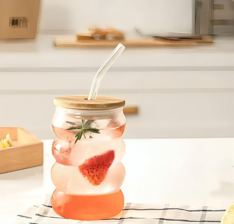 Image of SKDBPM Can with Straw, Transparent Glass Fruit Juice Milk Sipper Tumbler Mug with Lid and Glass Straw - 540ml - Pack of 1 (CAN Shape Sipper)