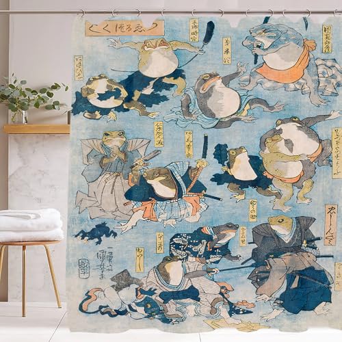 De-Mediocre Samurai Frogs Shower Curtain Sets Vintage Japanese Folklore Bath Curtain, Ninja Frog and Toad Fun Bathroom Decor Art Curtains with 12 Hooks, 72 x 72 Inches