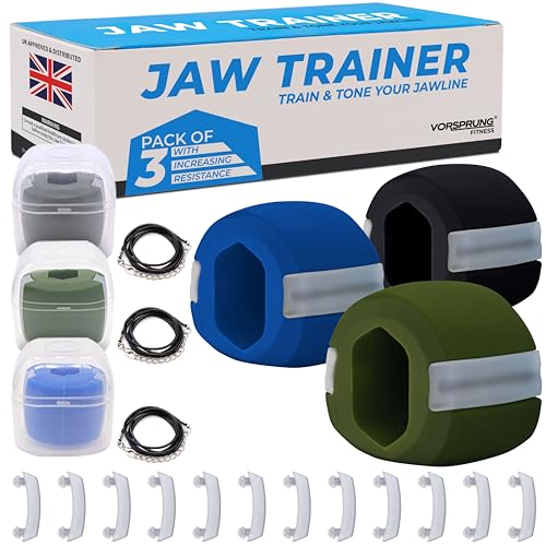 VORSPRUNGJaw Exerciser Trainer to Achieve a Sharper Jawline with Three Levels of Resistance - Jaw Trainer for an Enhanced Facial Definition - Pack of 3 with FREE Biting Strips & 3 Necklaces