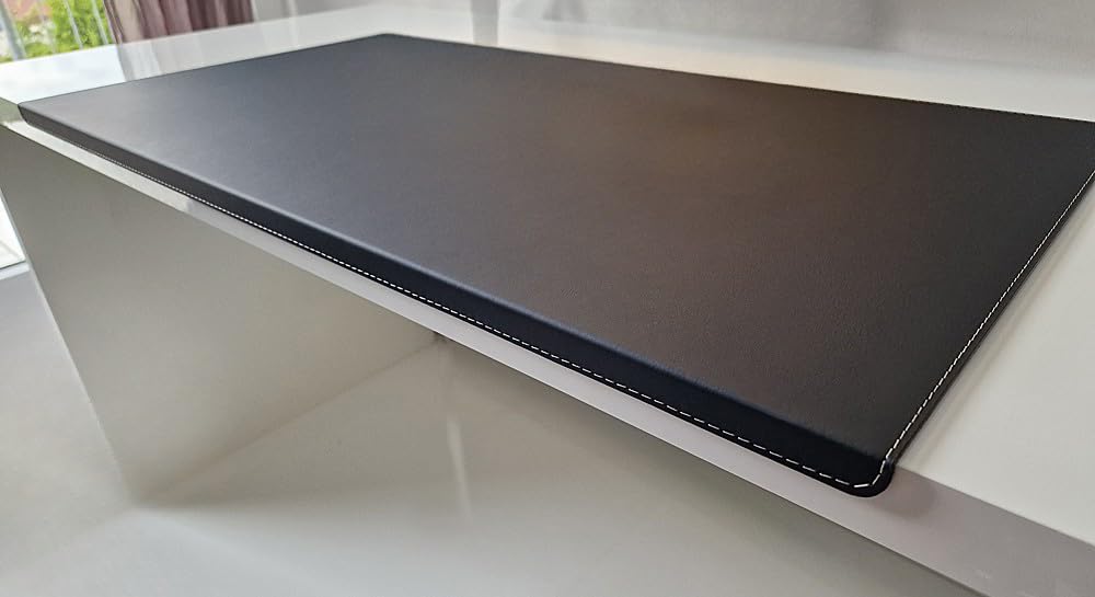 Gewinkelte Schreibtischunterlage mit Kantenschutz Echt Leder 90 x 47 Schwarz Silbergraue Naht