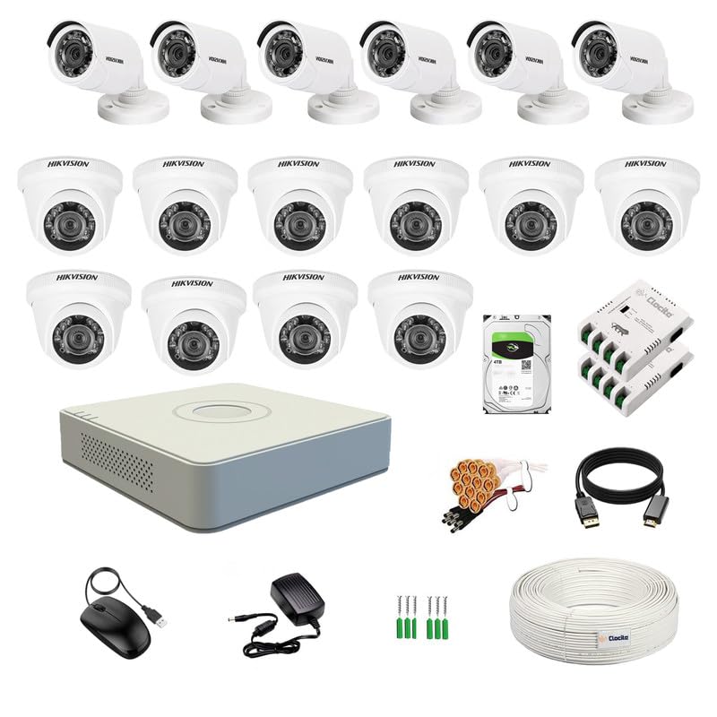 Clocite HIKVISION 16 Channel DVR with 2MP 10 Dome & 6 Bullet Cameras (Day/Night Vision) + 4TB HDD + Cable Roll (1+3) 8 CH Power Supply 2 Nos + BNC & DC Full Combo Kit