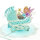 DORAFIORA® Pop-Up Karte Baby – 3D Glückwunschkarte zur Geburt/Taufe | Feen-Kinderwagen | Für Jungen & Mädchen | Inkl. Umschlag (Baby Blue)