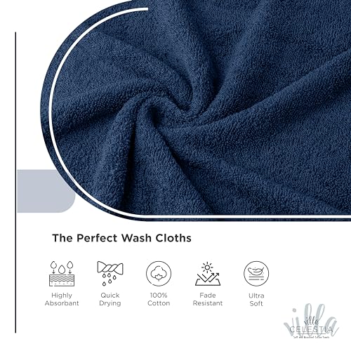 Image of Villa Celestia Cotton Washcloths Set of 6, 12x12 Inch, 100% Ring-Spun Combed Cotton, Soft Absorbent Quick-Dry Wash Cloths for Face and Body, Oeko-TEX Certified, Hotel & Spa Quality, Navy Blue