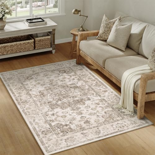 WondRg 3x5 Washable Neutral Area Rug Brown Vintage Entryway Office Carpet Non-Slip Soft Low Pile Floral Throw Rug for Entrance Living Room Bathroom Dining Room 3' x 5' (Rectangular) Brown