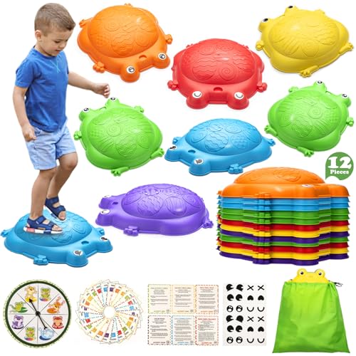 Stepping Stones for Kids Outdoor Toys for Toddlers 3-5 12 Pcs Frog Balance Step Stone Up to 265lbs Indoor Outdoor Toy for Kids Obstacle Course Sensory Toys for Toddler Ages 3-8 Gift for Boys Girls