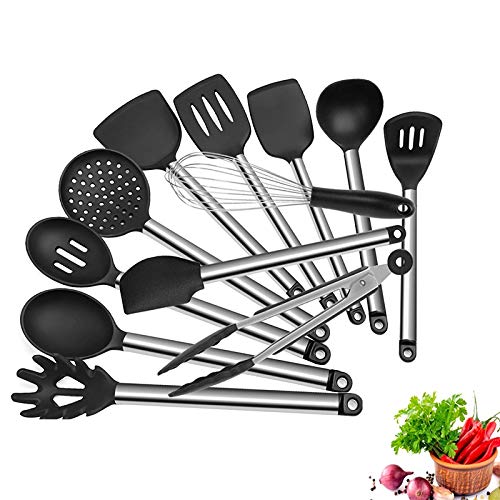 Juego de Utensilios de Cocina de Silicona con Mango de Acero Inoxidable, espátula, Cuchara, Pinzas, batidor, Utensilios de Cocina (tamaño: 11 Piezas) ()