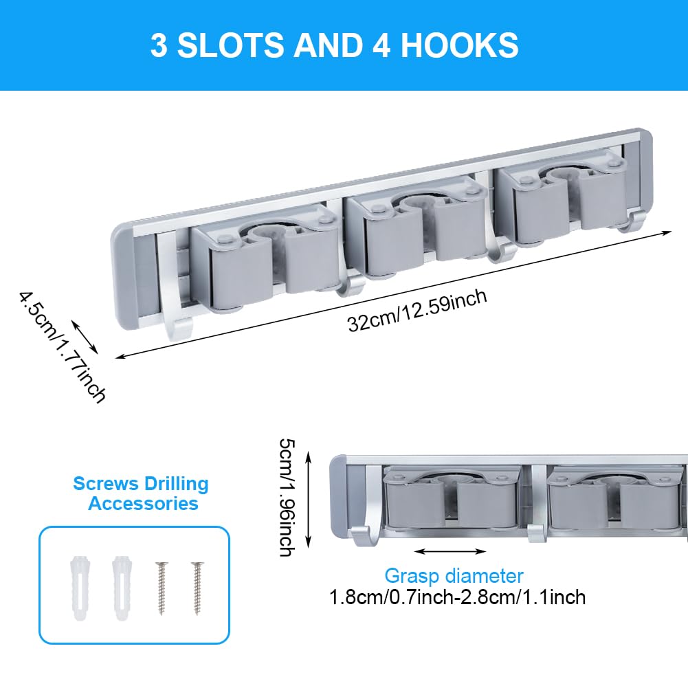 Vicloon Supporto per scopa e mocio, portaspazzole da parete 3 slot 4 ganci resistente