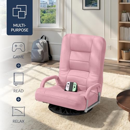 Image of Best Choice Products Swivel Gaming Chair 360 Degree Multipurpose Floor Chair Rocker for TV, Reading, Playing Video Games w /Lumbar Support, Armrest Handles, Adjustable Foldable Backrest - Pink