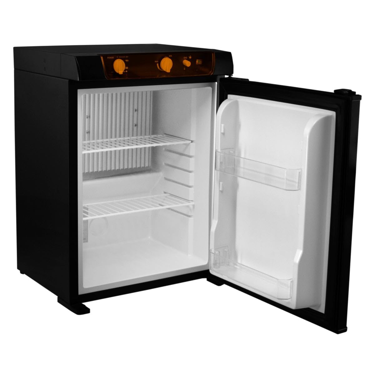 3-drożna lodówka kempingowa 43 l, chłodnica 240 V/12 V, lodówka gazowa, do kampera/przyczepy kempingowej RV, absorpcyjna, czarna, 100% bezgłośna, drzwi otwierane po lewej lub prawej stronie, wyjmowane