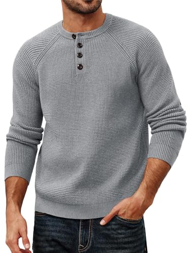 PJ PAUL JONES Herren Langarm Pullover mit Henley Design Waffelstruktur Lockerer Fit Silbergrau L