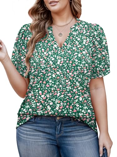 Women's Plus Size Shirts Summer Short Sleeve 4XL Floral Work Notched V Neck 2024 Tops FL08