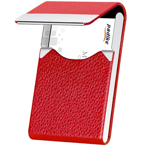 Image of Padike Leather Business Card Holder for Women Leather Stainless Steel Business Card Case with Magnetic Shut (Red)