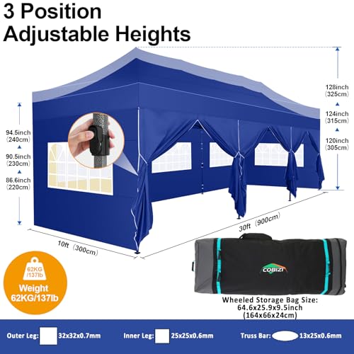Image of COBIZI 10x30 Pop Up Canopy Tent with 8 Sidewall,Heavy Duty Canopy,Dark Blue