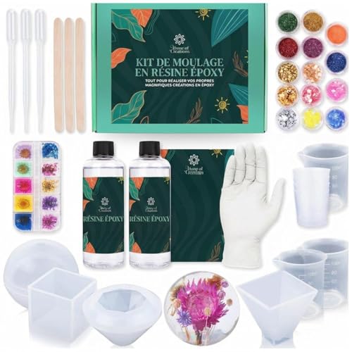 Home of creations Kit Résine Époxy Complet Débutant pour Loisirs Créatifs | Kit Époxy avec Moules en Silicone Réutilisables et Accessoires | Coffret...