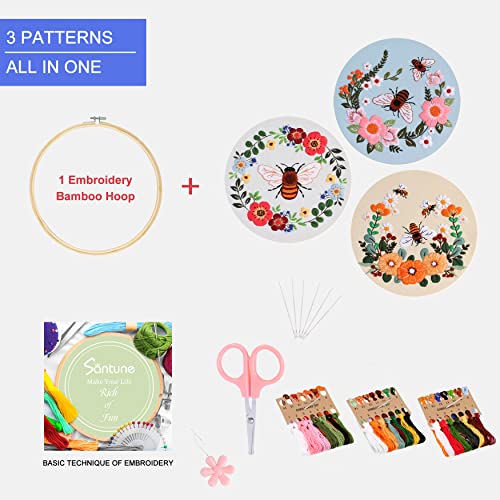 Image of Santune 3 Pack Bee Embroidery Kit for Beginners Adult Cross Stitch Kits Hand Embroidery with Animal Patterns and Instructions,DIY Sets for Women with Hoop,Threads and Needles