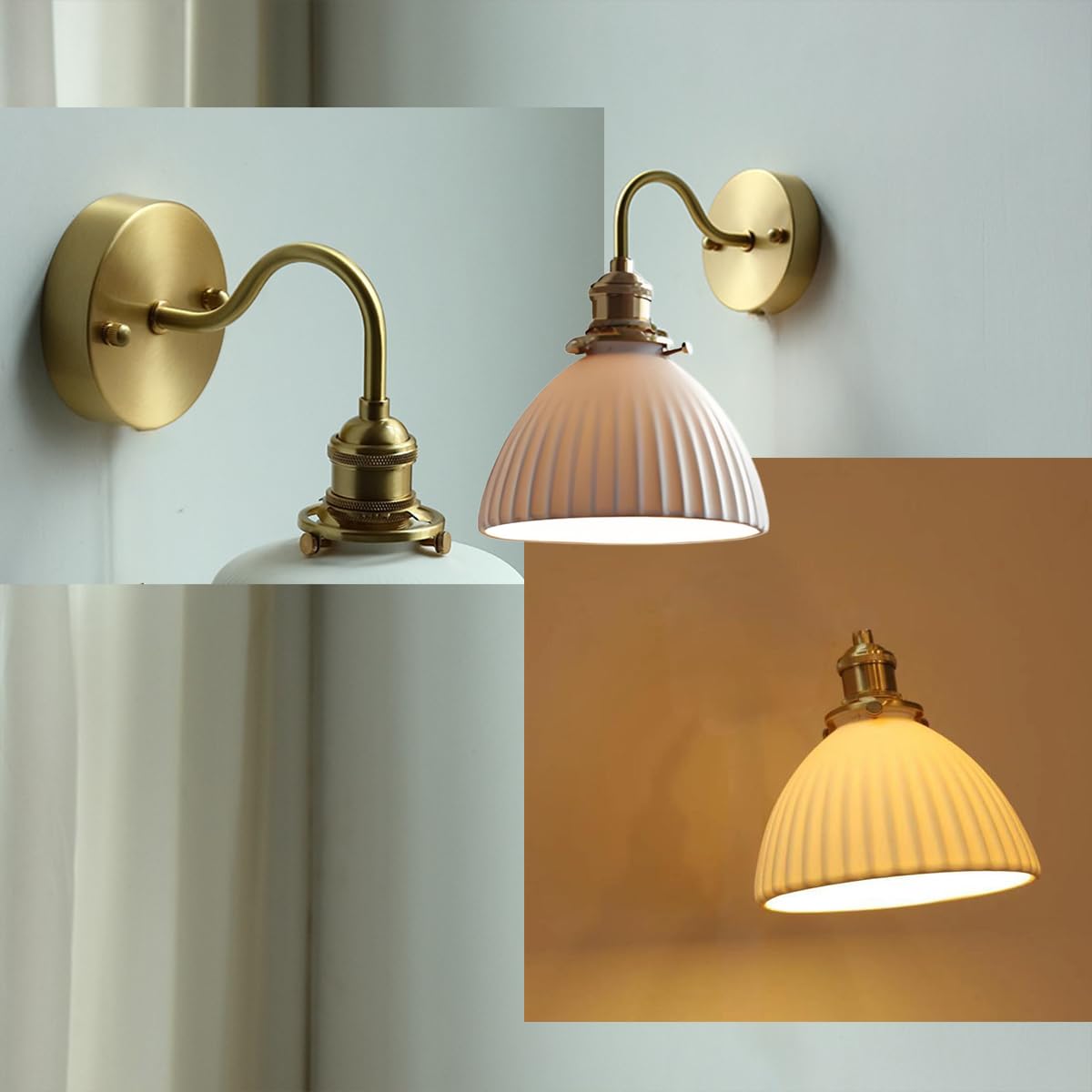 Aplique de pared de cerámica blanca, con lámpara de pared con base dorada de latón (C)