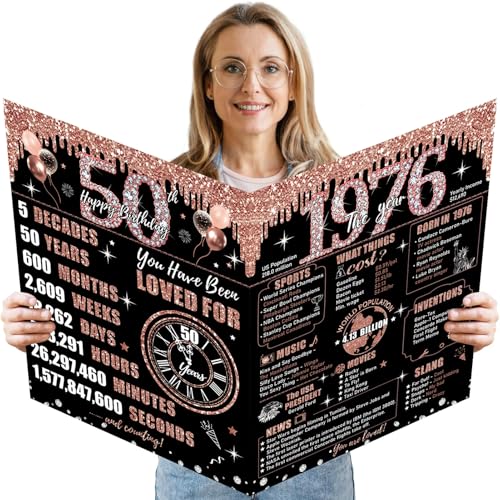 Uiorgui Large 50th Birthday Card for Women with Envelope, Black Rose Gold Happy 50th...