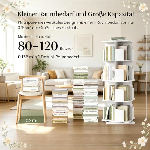 Librería giratoria blanca de 128 cm estantería vertical 16 compartimentos 8