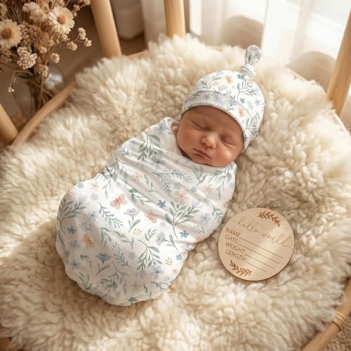 Image of Newborn Receiving Nursery Flower Blanket Baby Swaddle Wrap with Hat Set