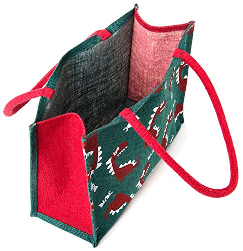 Image of H&B Jute Bag for Shopping - Printed Jute Bag | Shoulder Bag | Shoppers Tote | Jute Bag Big Size | Grocery Bag | eco Friendly Bags for Shopping - Cute & Quirky Collection (Cute Dino - Red)