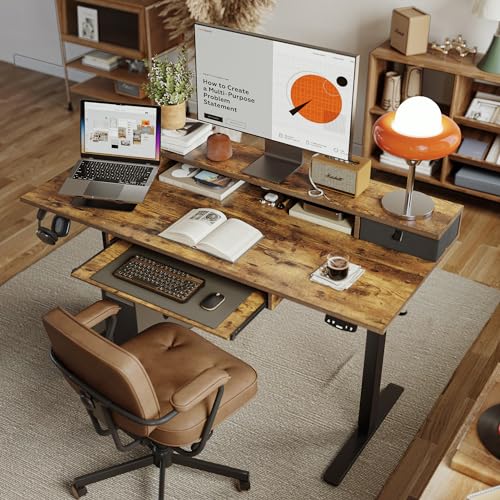 Image of Agilestic Electric Standing Desk with 2 Drawers and Keyboard Tray, 55 x 24 Inches Ergonomic Adjustable Height Desk with Storage, Sit Stand up Computer Workstation, Rustic Brown
