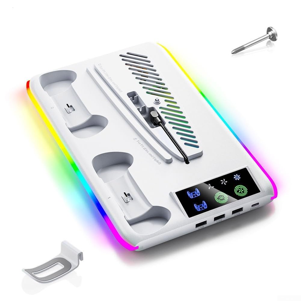 Base di ventilazione per PS5 con hub USB di ricarica doppio controller e luce RGB per una migliore dissipazione del calore (nero)