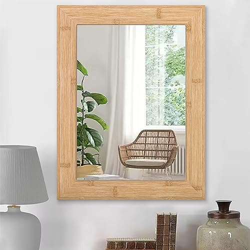 HLFMVWE Montado en la Pared Rústico Marco de Madera Rectángulos Espejo Antiguo Espejo de Pared para Granja Vanidad Dormitorio Baño Salón Entrada Decoración de Pared Grande Marrón Claro 65 x 45 cm