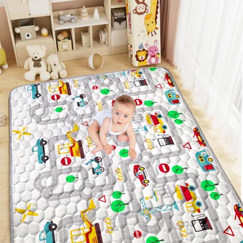 Aolso Alfombra Bebe, 150x 200cm Alfombra Bebe Plegable, Antideslizante Algodón Alfombras de Gateo, Colchoneta para Niños para Juegos en el Suelo, Suave & Grues-Autos de Carretera