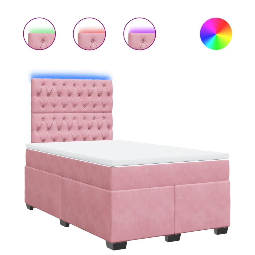 Cama con somier rosa de terciopelo 120 x 200 cm con LED USB, cabecero regulable en altura regulable, colchón de resistencia media para jóvenes, dormitorios, habitaciones de invitados