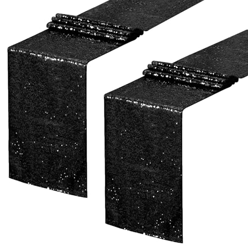 Sequin Table Runners 2 Pieces Black Table Runners 12x72Inch Glitter Dining Table Cover for Party Wedding Birthday Reception Banquet Decoration Halloween Party Chair Sashes