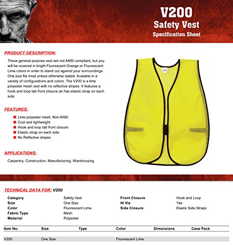 Image of MCR Safety V200 Polyester Mesh General Purpose Safety Vest with Adjustable Closure, Lime