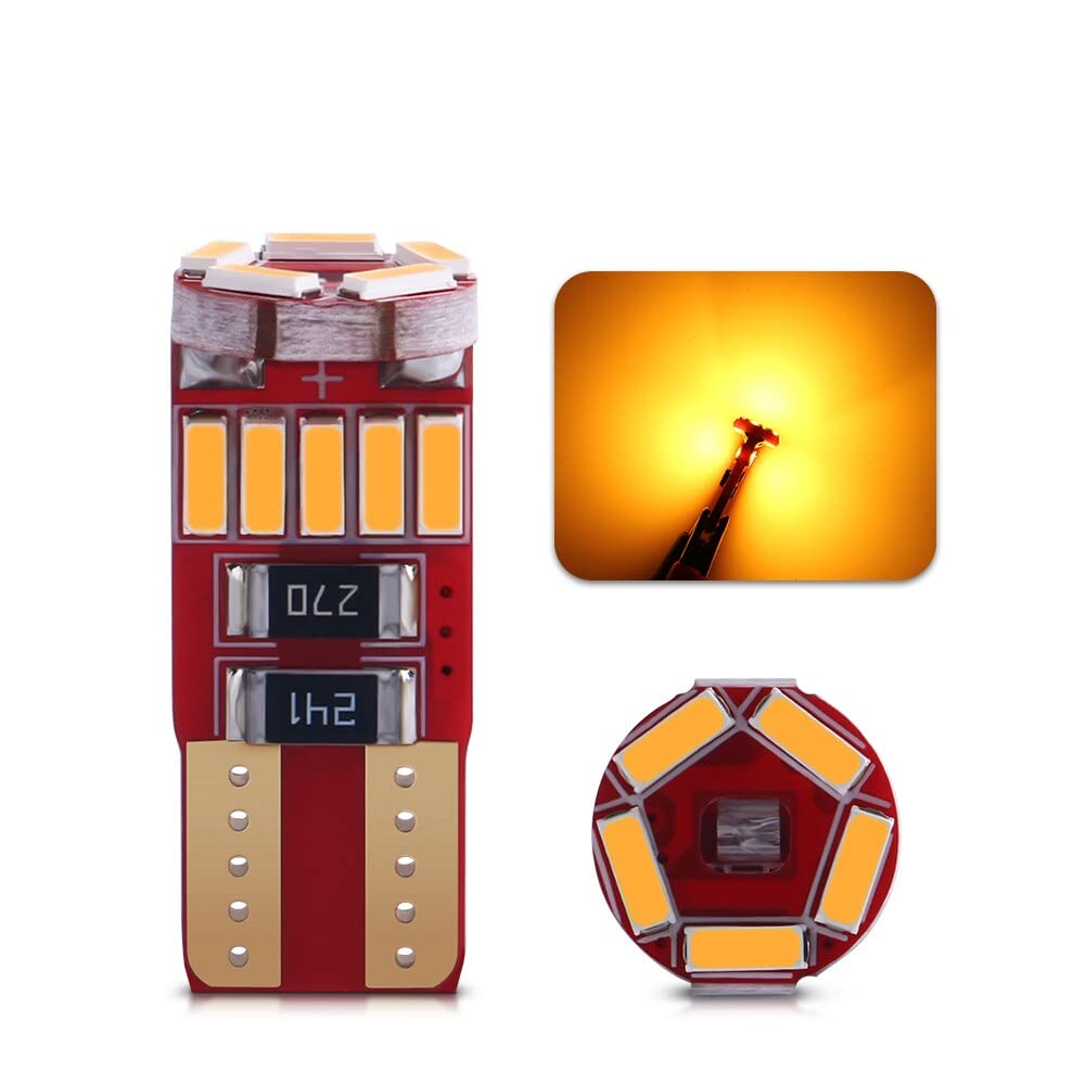 ZORZA 10PCS New W5W T10 Led Bulbs Canbus 4014 15SMD 6000K Car Interior Dome Reading License Plate Light Signal Lamp Red Amber (Color : Amber-H)