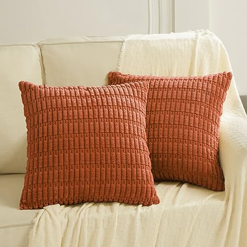 Burnt Orange Striped Throw Pillow Covers (2 Packs) - 18x18 Inch for Living Room, Sofa, and Bed - Farmhouse Boho Fall Decor