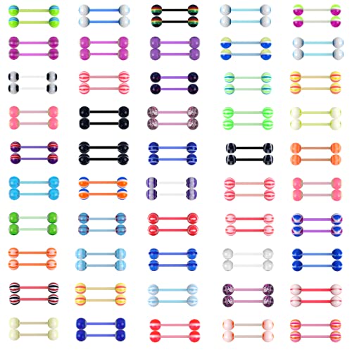 CrazyPiercing 100Pcs 14G Acrylic Tongue Rings, Multi Color Assortment Flexible Tongue Rings Barbells Mix Piercing