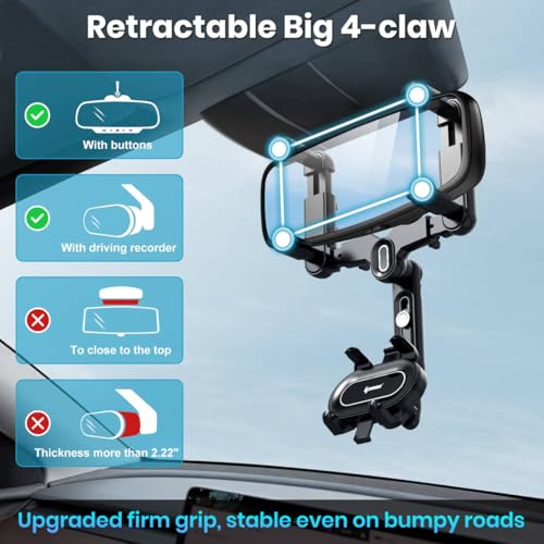 Image of IPOW Large Rearview Mirror Smartphone Holder for Car 360Rotatable and Retractable, 2023 Upgraded Four Corners Fixed Anti-Shake Multifunctional Design for Car Rearview Mirror with Button