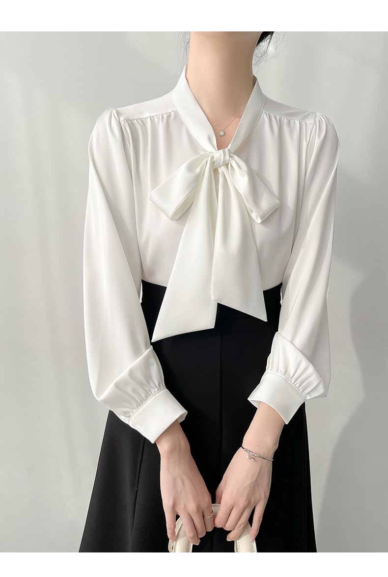 Camisa de Oficina de Saten con Manga Larga y Lazo para Mujeres