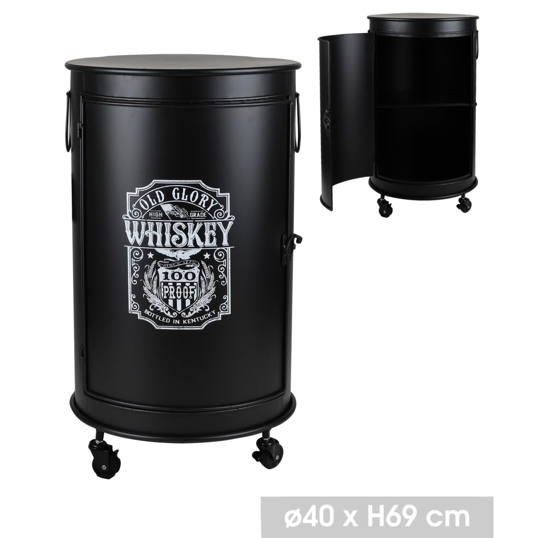 Meublorama Petit Bar bidon avec Porte et roulettes Style Industriel Collection Old Glory. Dimensions 40x40x69 cm