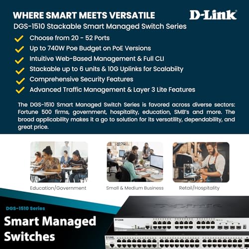 Image of D-Link 28-Port Gigabit Stackable Smart Managed PoE+ Switch 10G Uplinks | 24 PoE+ (193W) 2 10GbE SFP+ 2 SFP Ports| L2+ /L3 Lite |VLANs |Web Managed |Surveillance Mode | NDAA Compliant (DGS-1510-28P)