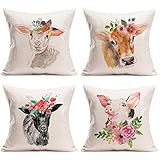 Easternproject Set of 4 Flower Leaves Animal Pillow Covers 18x18 Inch Cute Baby Sheep Pig Cow Farmho