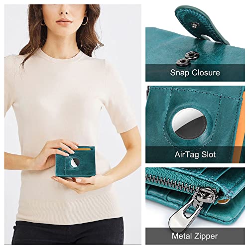 CONTACTS Womens Bifold Wallet Leather, AirTag Minimalist Leather Purse for Women Small Coin Card Zipper Pocket with RFID Blocking (Peacock Blue)2