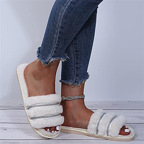 Women'S Sandals Size 11 Black Fashion Rhinestone Furry Wear Slippers Bottom Large Size Flat Warm Slippers for Women4