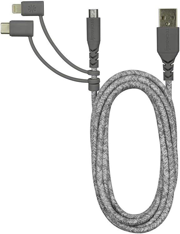 Tech Candy Triple Header Maxi USB, Micro-USB, USB-C, Lightning, MFi, 6 ft. Beautiful Woven Cord - Shades of Gray