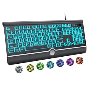 Large Print Backlit Computer Keyboard, USB Full Size Wired Keyboards with 7-Colors Backlight, Wrist Rest, Light Up Keyboard for Windows, PC, Laptop – Easy to See, Easy to Setup