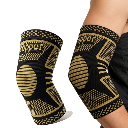 JIQUD Copper Elbow Compression Sleeve Tennis Elbow Brace for Men and Women 4-Way Stretch Pain Relief Recovery Arthritis Tendonitis Bursitis (Black-Copper Medium)