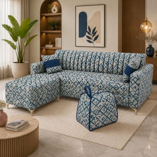 Image of FURNY Signature Regalia 4-Seater L-Shape Sofa Set with Movable Ottoman & Suri Pouf | Flexible LHS /RHS Layout | Tapestry Fabric | 40D Foam + Zigzag Spring | 3-Yr Warranty (Lagoon Mosaic Blue)